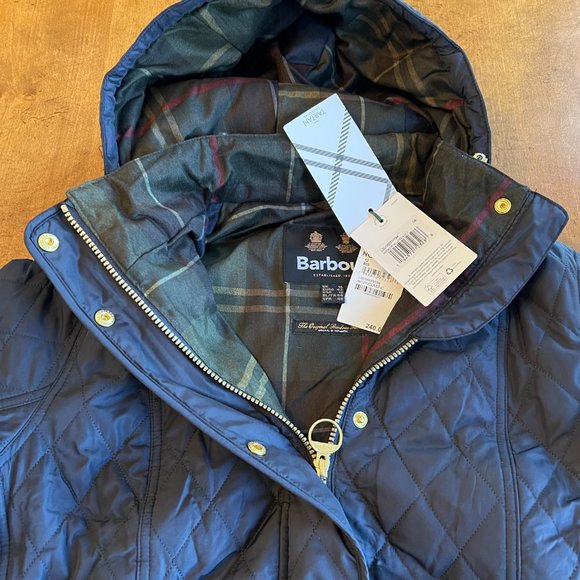 NEW Barbour Millfire Hooded Quilted Jacket navy blue US 10 12 hood tartan plaid - Picture 14 of 15